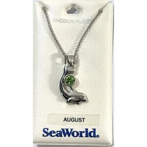 NWT SeaWorld Silver Rhodium Plated Dolphin Whale Necklace 18” August Birthstone